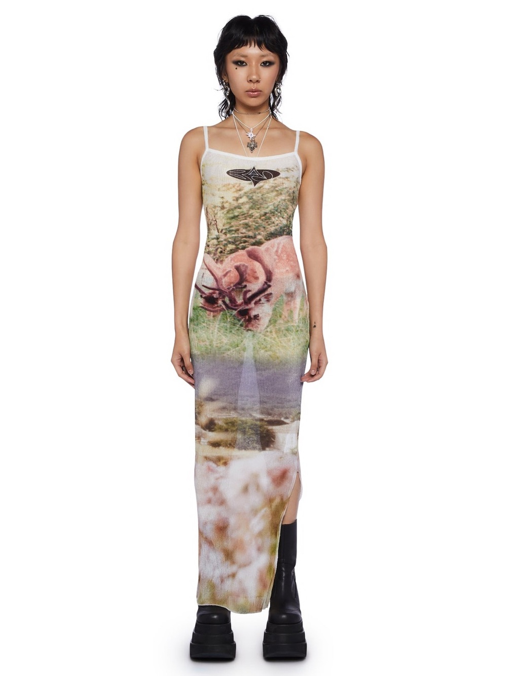 Whimsigoth Deer Heaven Plissé Sleeveless Maxi Slip Dress White